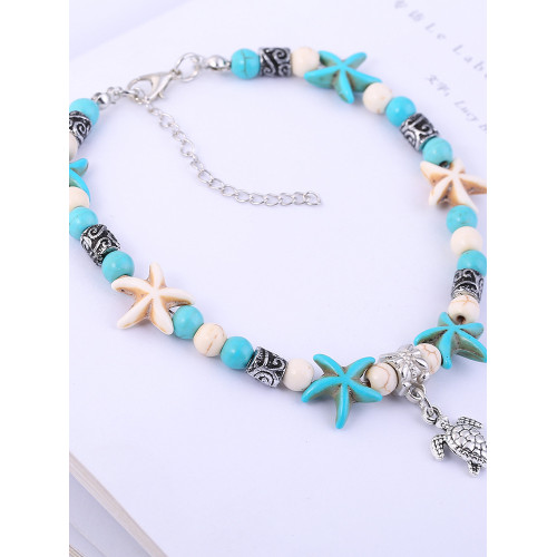 Turtle Pendant Starfish Turquoise Beaded Anklet