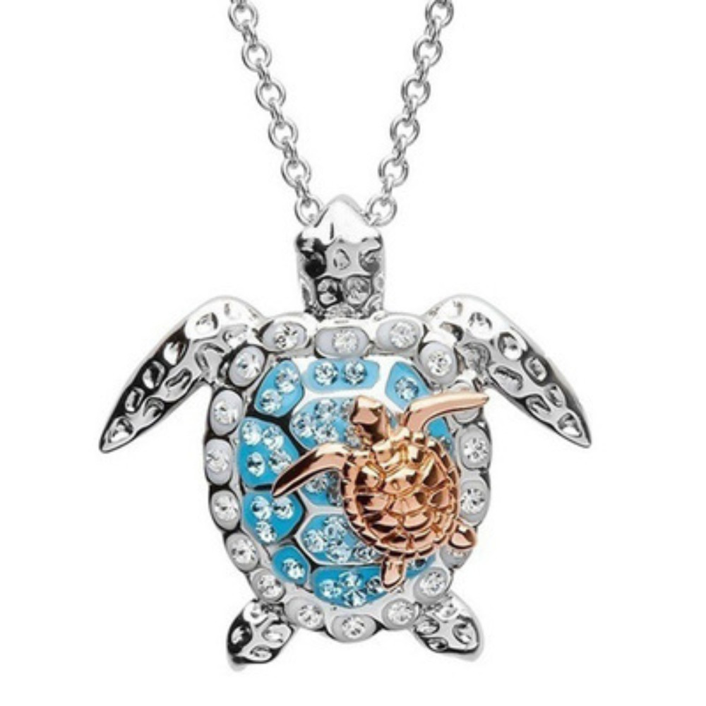 Two Tone Turtle Rhinestone Pendant Necklace
