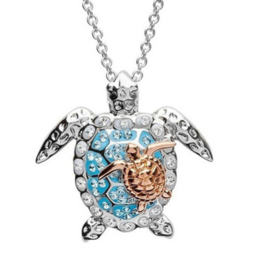 Two Tone Turtle Rhinestone Pendant Necklace