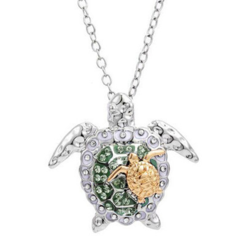 Two Tone Turtle Rhinestone Pendant Necklace