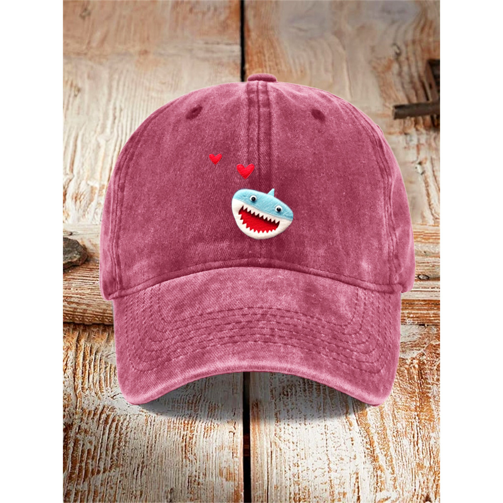 Valentine's Gift Couple Love Shark Print Washed Cotton Baseball Cap