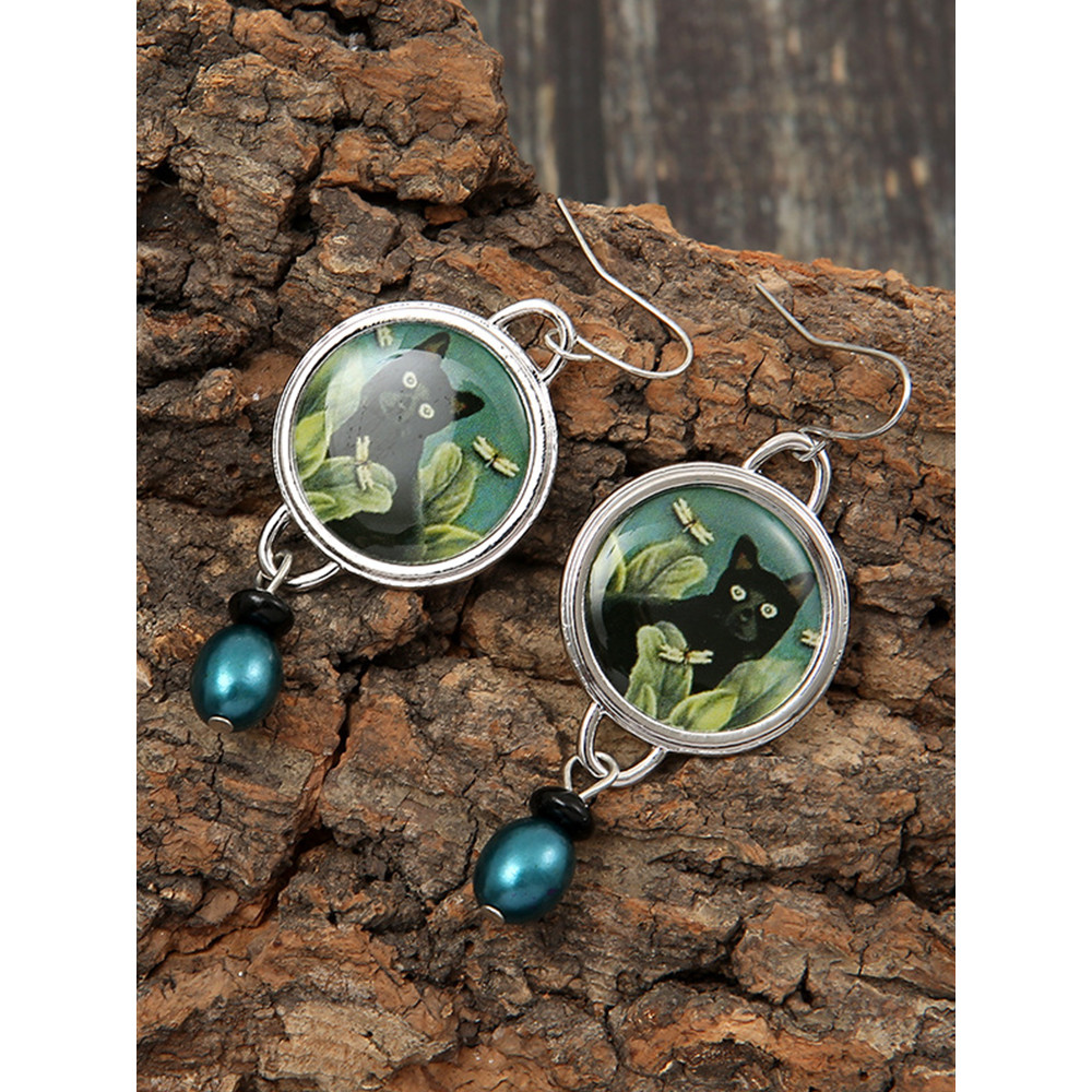 Vintage Black Cat And Dragonfly Pearl Earring