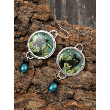 Vintage Black Cat And Dragonfly Pearl Earring