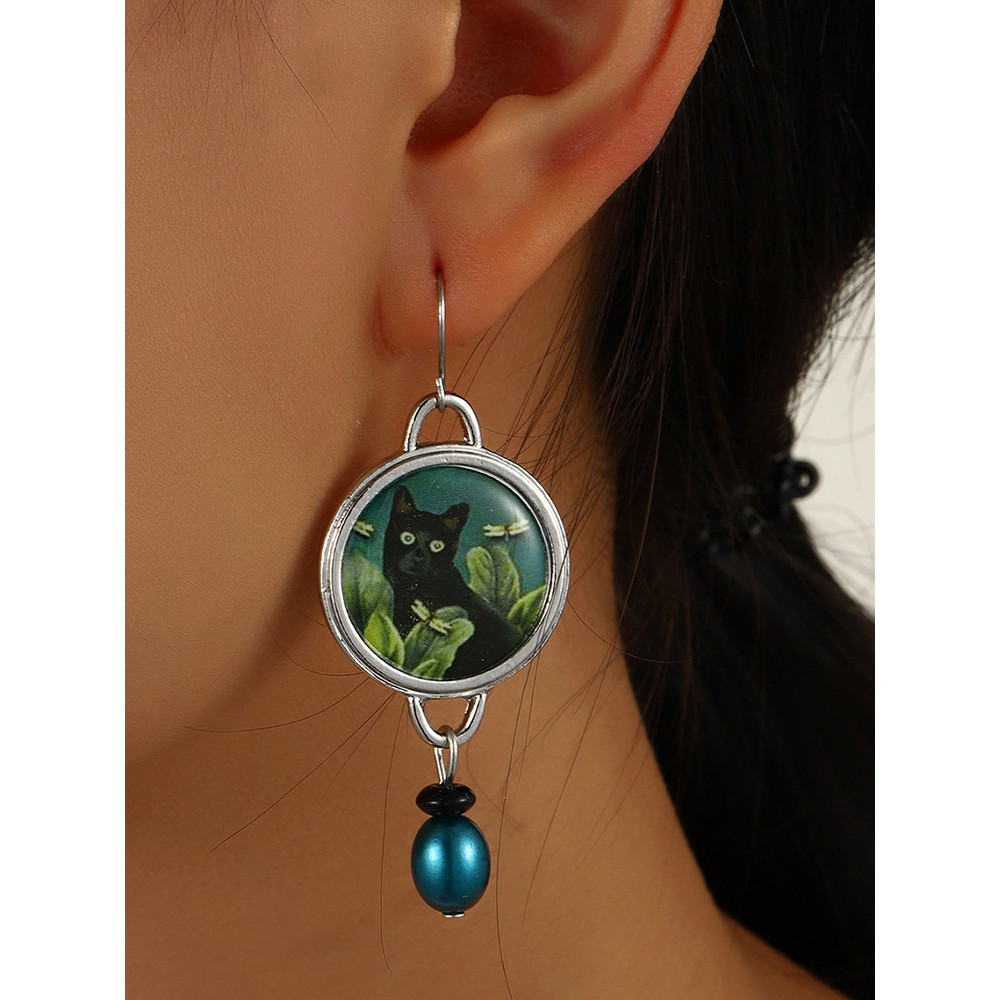 Vintage Black Cat And Dragonfly Pearl Earring