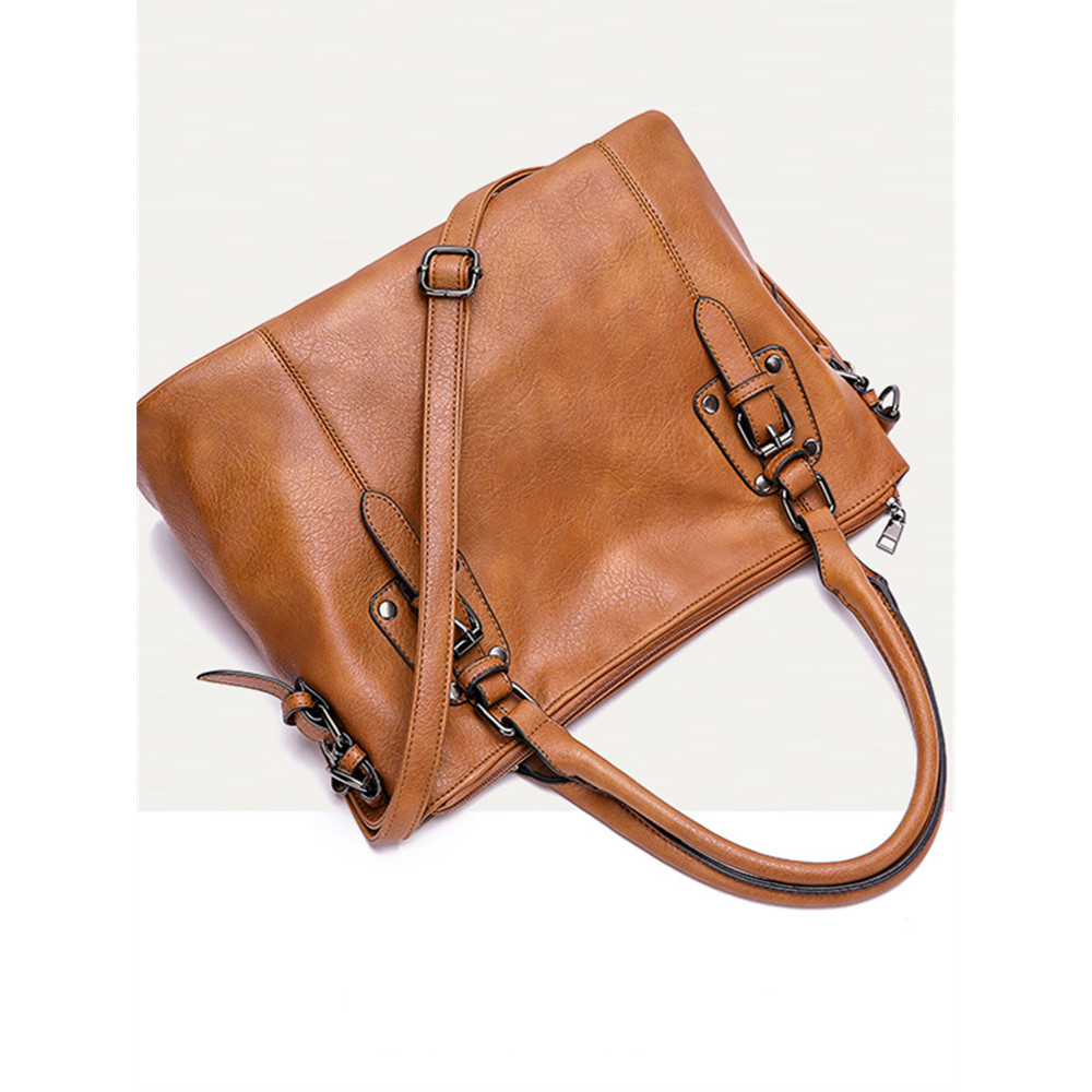 Vintage Buckled Oiled Leather Tote Bag