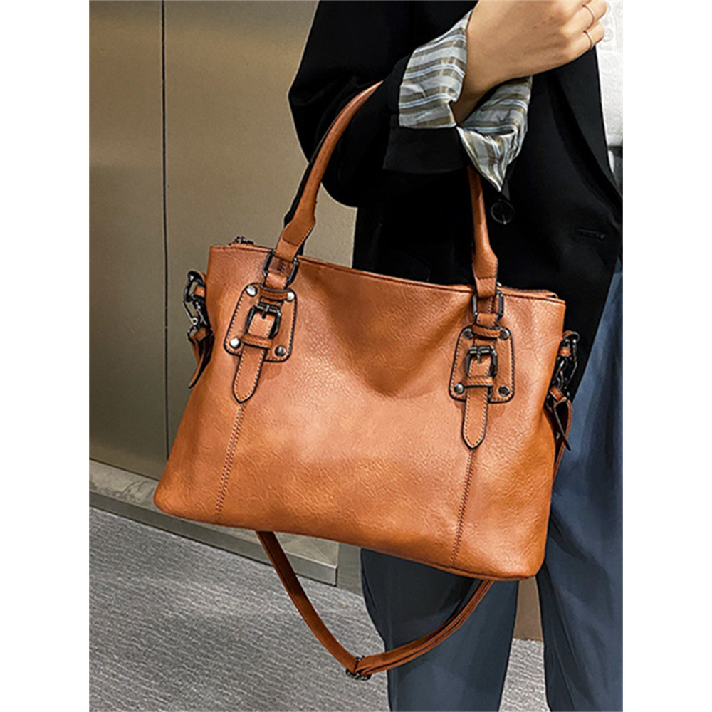 Vintage Buckled Oiled Leather Tote Bag