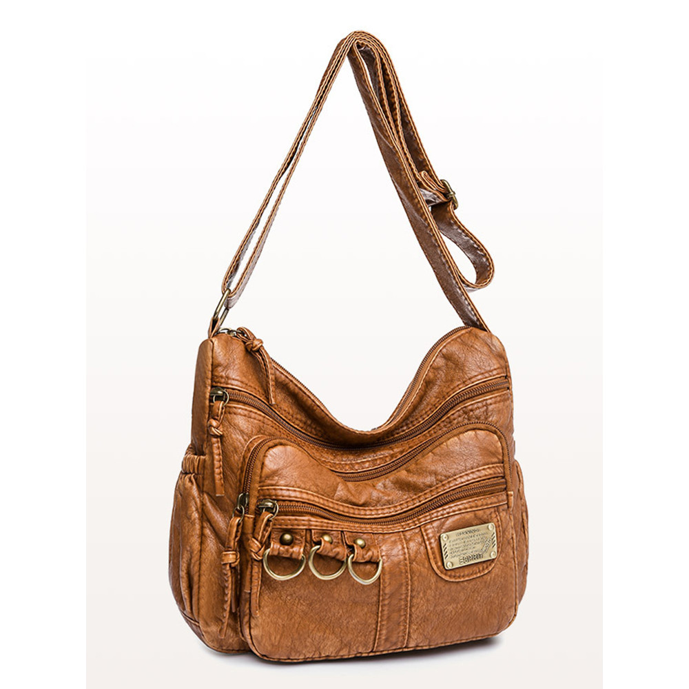 Vintage Buckles Washed Leather Crossbody Bag