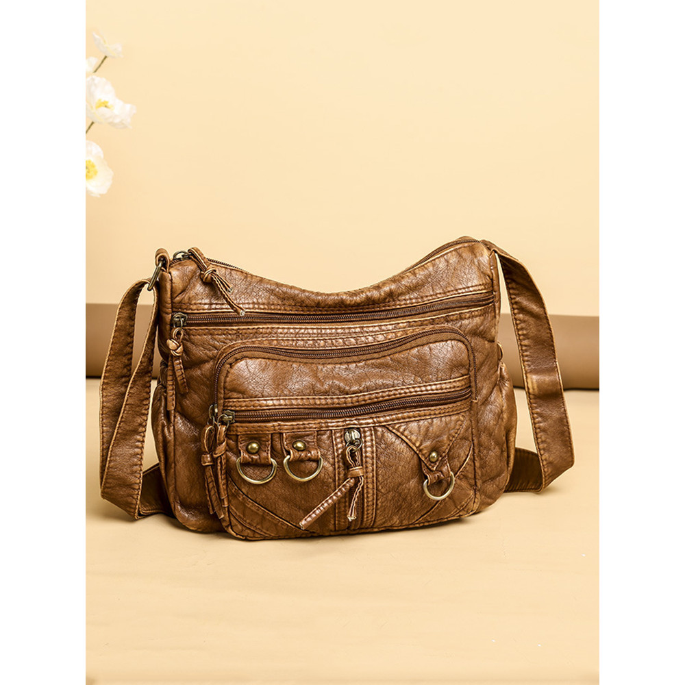 Vintage Buckles Washed Leather Crossbody Bag