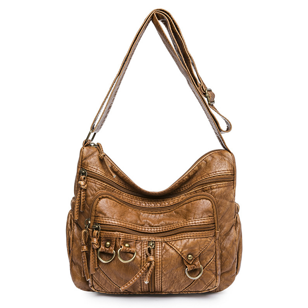 Vintage Buckles Washed Leather Crossbody Bag