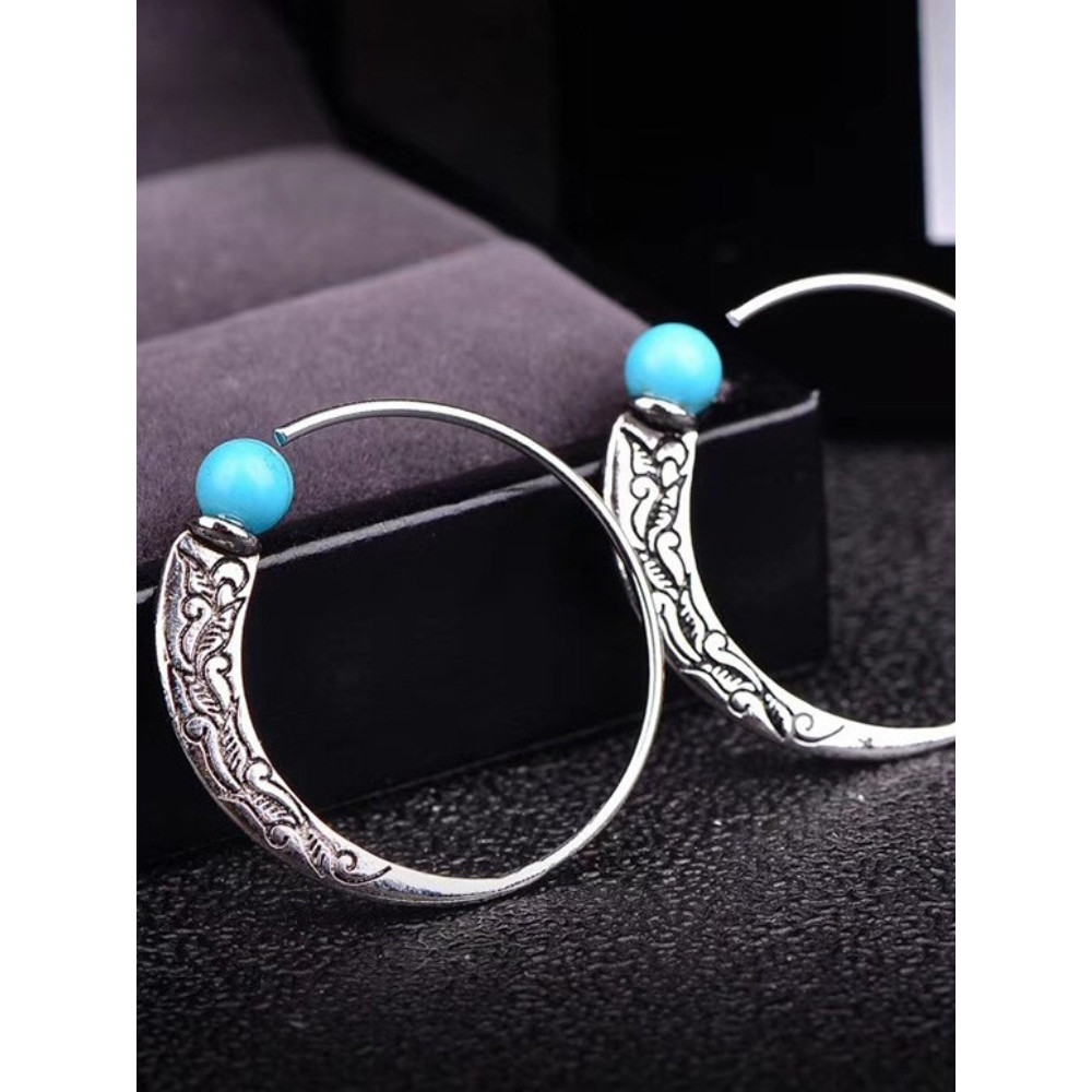 Vintage Carving Crescent Turquoise Earrings
