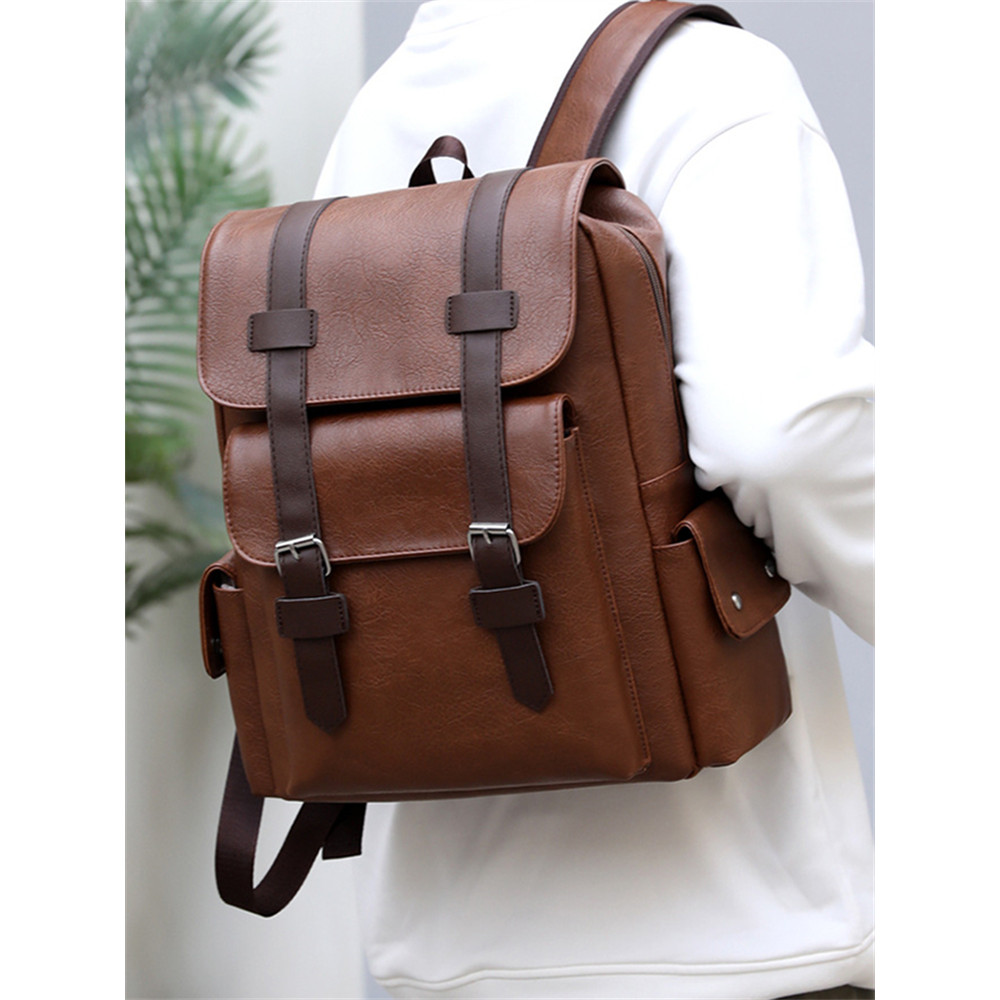 Vintage Double Buckle Utility Leather Backpack