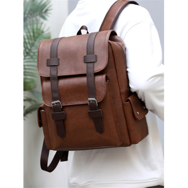 Vintage Double Buckle Utility Leather Backpack