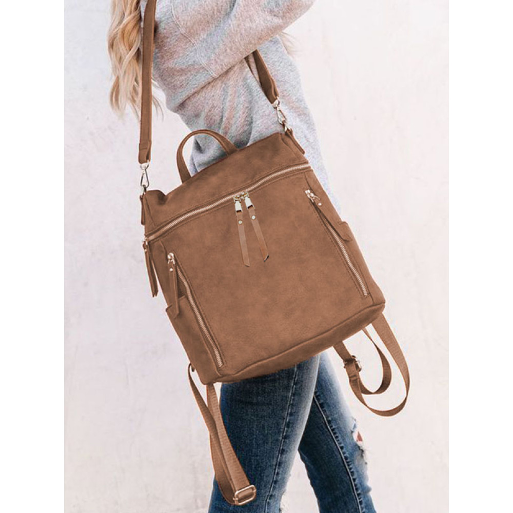 Vintage Faux Leather Zip Backpack And Clutch Bag Set Of 2