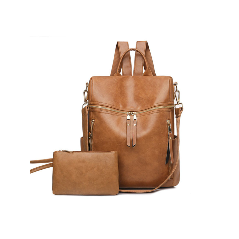 Vintage Faux Leather Zip Backpack And Clutch Bag Set Of 2