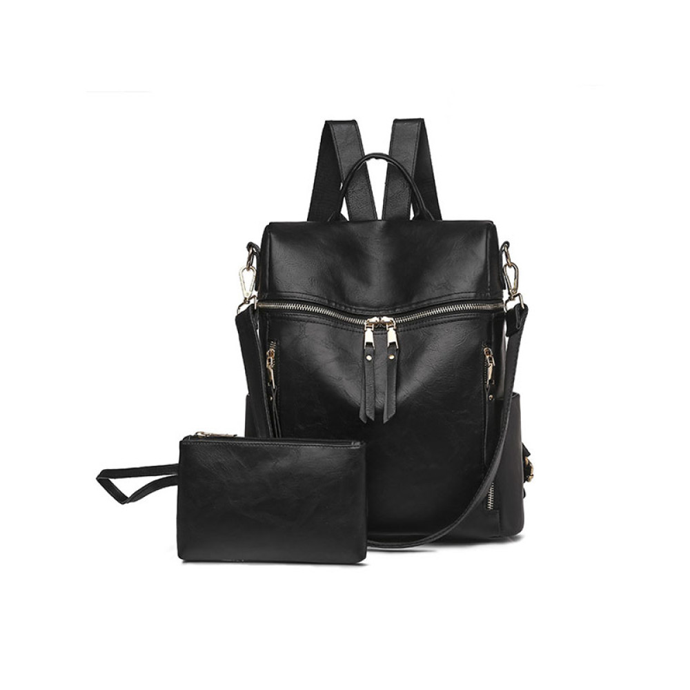 Vintage Faux Leather Zip Backpack And Clutch Bag Set Of 2