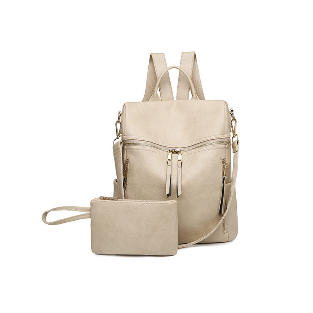 Vintage Faux Leather Zip Backpack And Clutch Bag Set Of 2