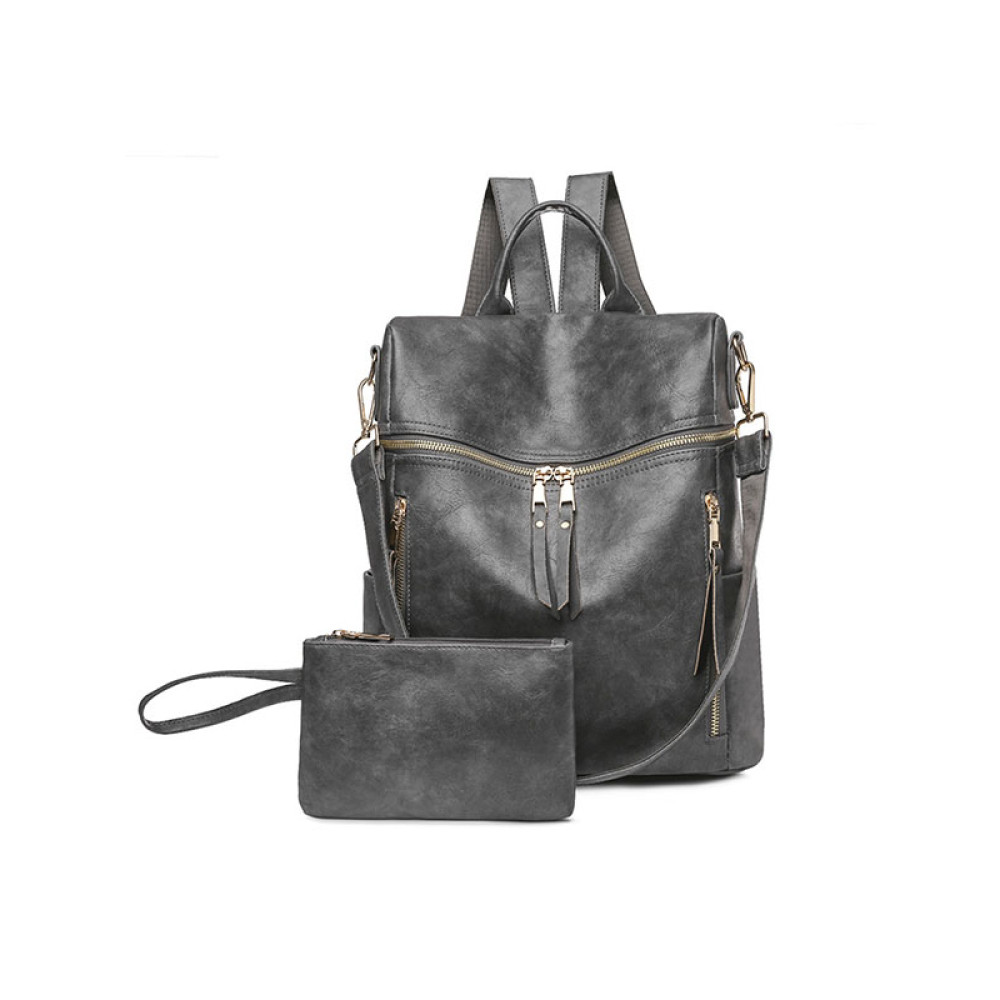 Vintage Faux Leather Zip Backpack And Clutch Bag Set Of 2