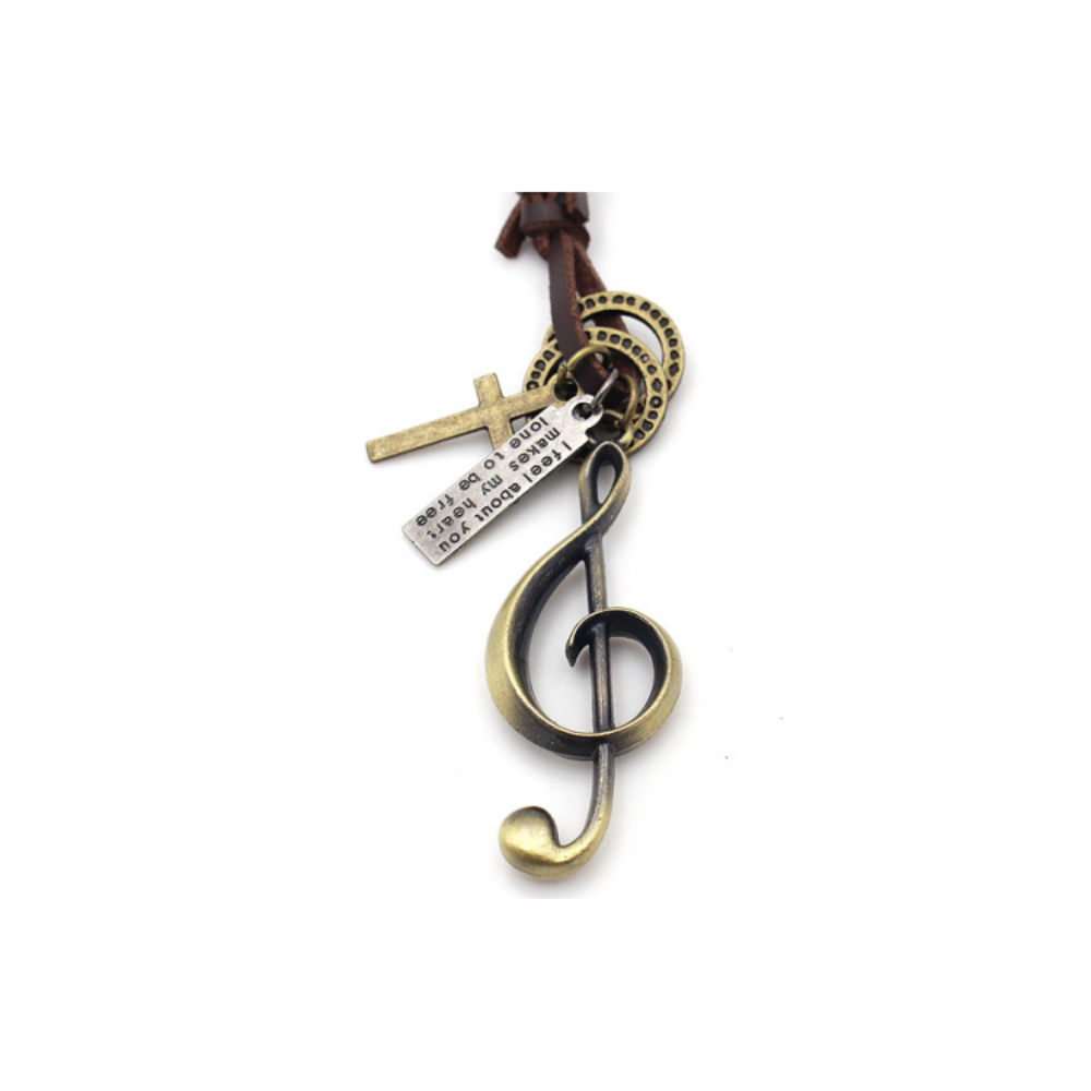 Vintage Music Note Leather Cord Necklace