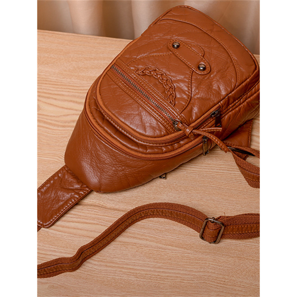 Vintage Studded Braid Details Leather Chest Bag