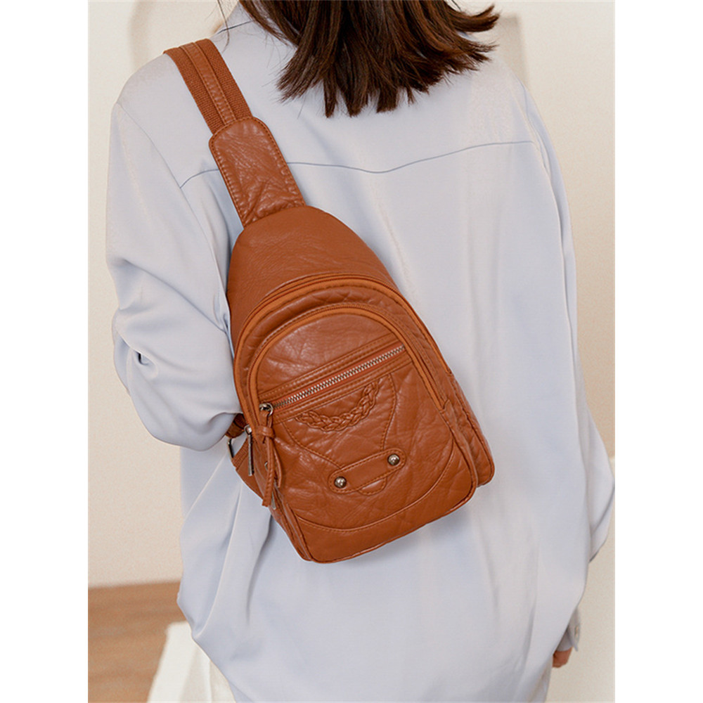 Vintage Studded Braid Details Leather Chest Bag