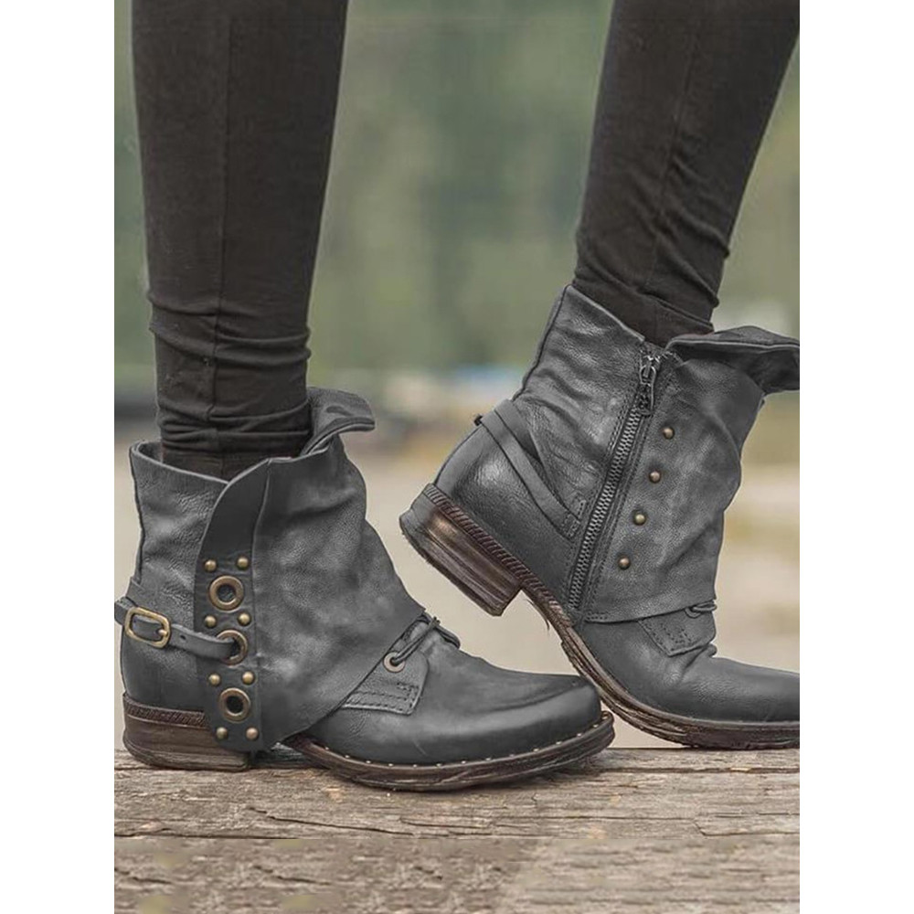 Vintage Studded Patch Buckle Ankle Boots