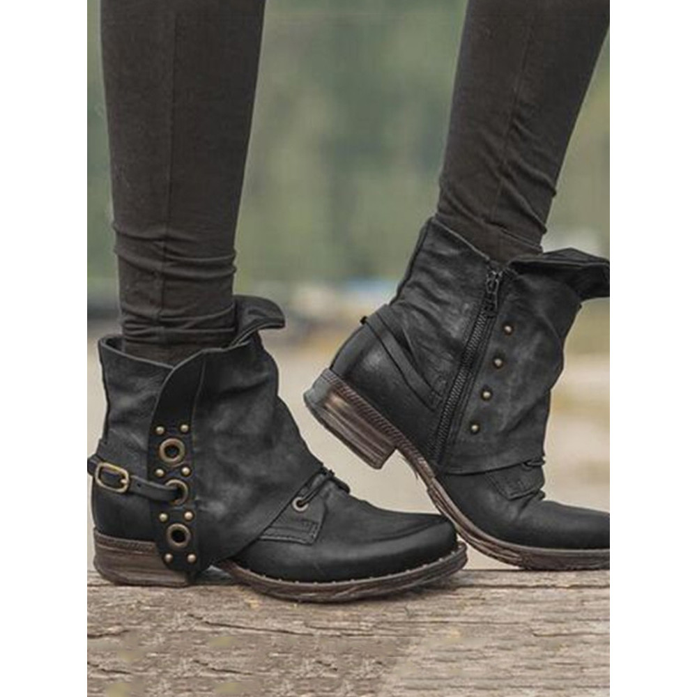 Vintage Studded Patch Buckle Ankle Boots