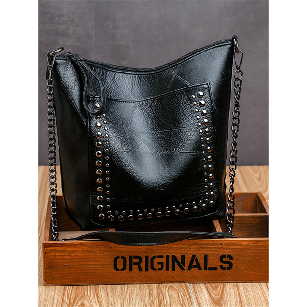 Vintage Studded Patch Pocket Utility Tote Bag