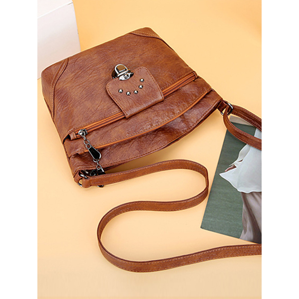 Vintage Studded Washed Leather Crossbody Bag
