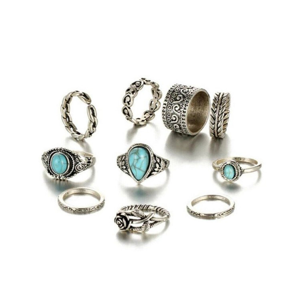 Vintage Totem Flower Turquoise 10-piece Joint Combination Ring