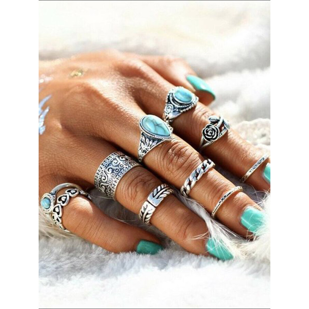 Vintage Totem Flower Turquoise 10-piece Joint Combination Ring