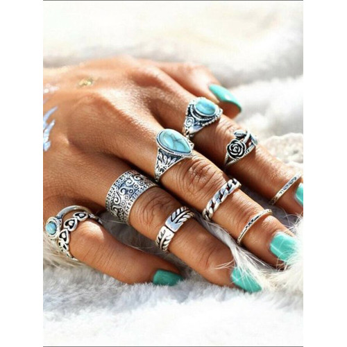 Vintage Totem Flower Turquoise 10-piece Joint Combination Ring