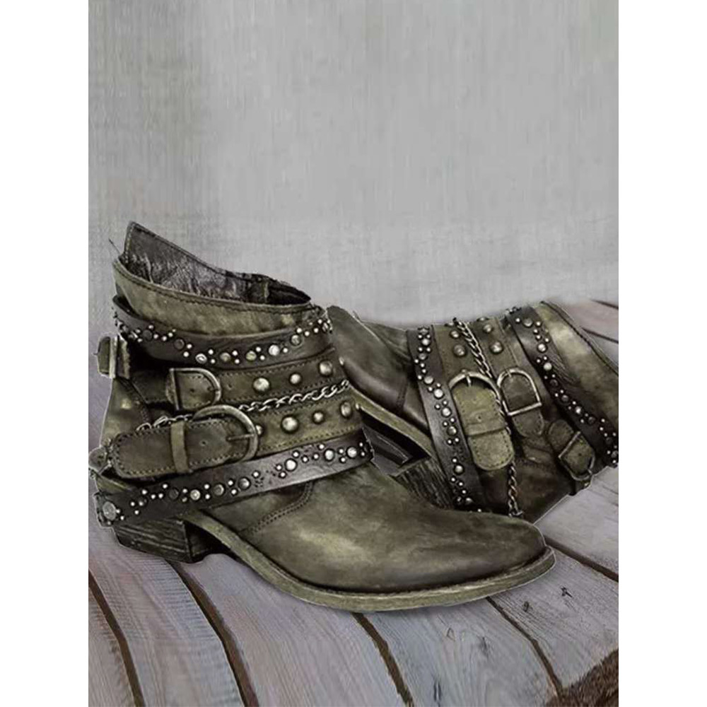 Vintage Washed Studded Buckles Ankle Boots