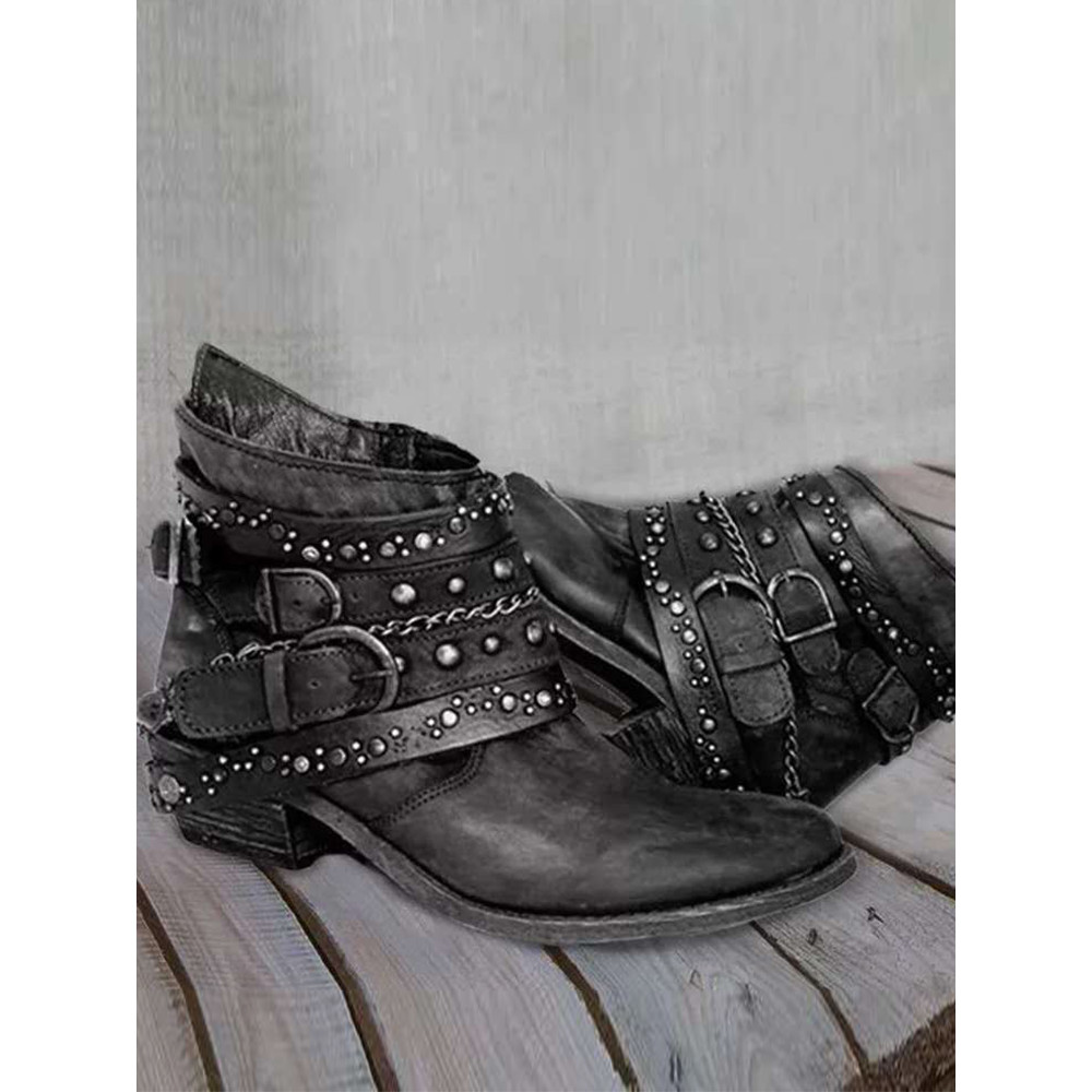 Vintage Washed Studded Buckles Ankle Boots