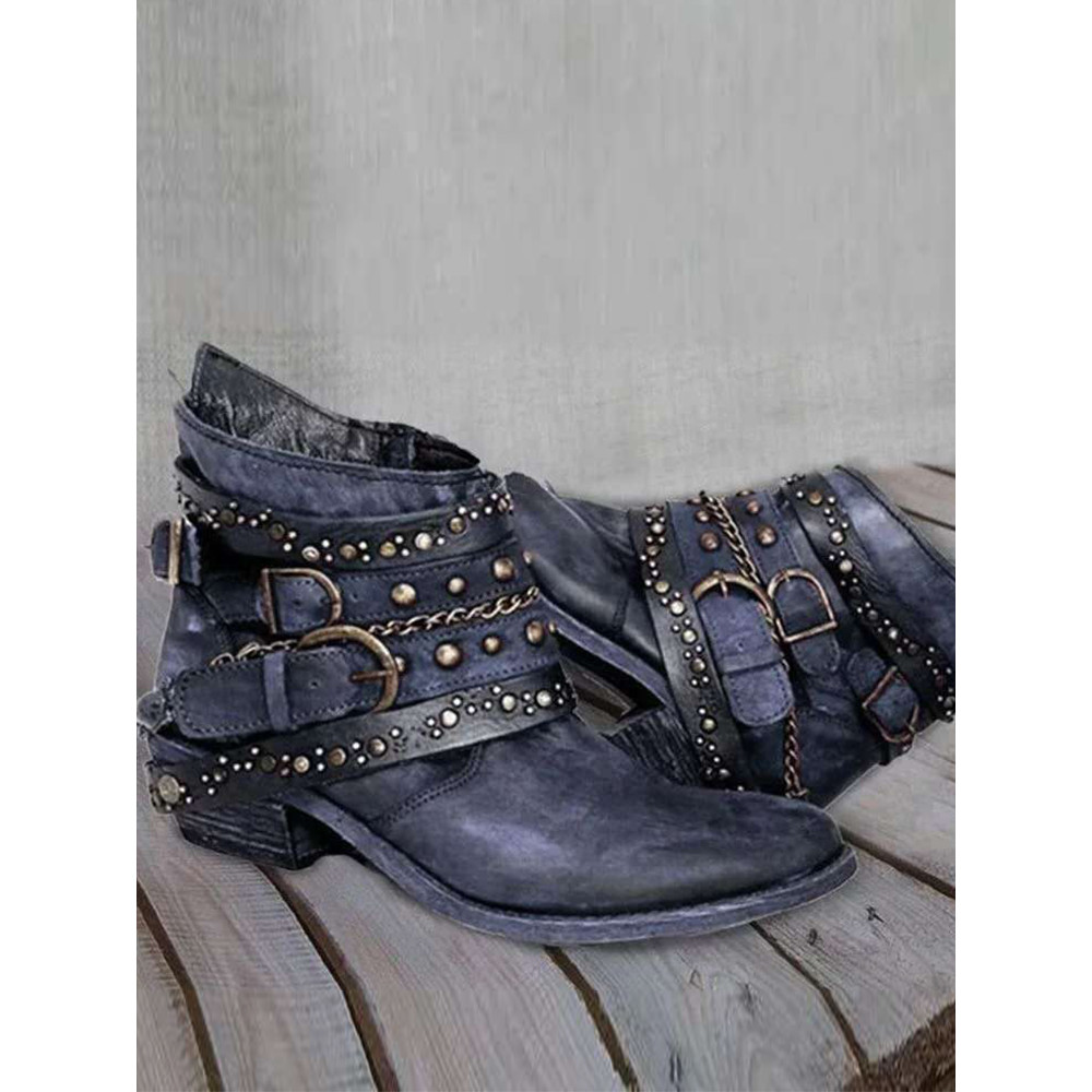 Vintage Washed Studded Buckles Ankle Boots