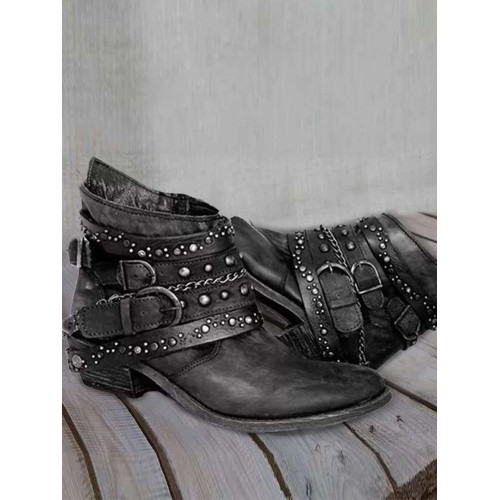 Vintage Washed Studded Buckles Ankle Boots