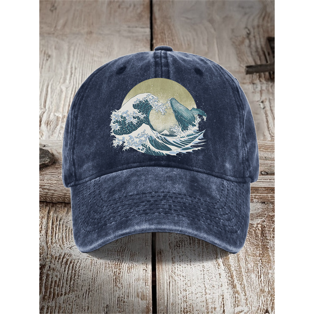 Whale Breach Great Wave Japanese Art Washed Cap
