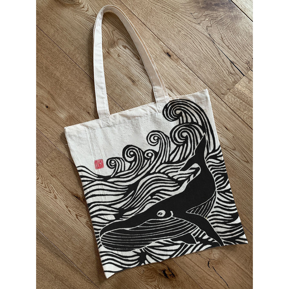 Whale & Waves Japanese Lino Art Tote Bag