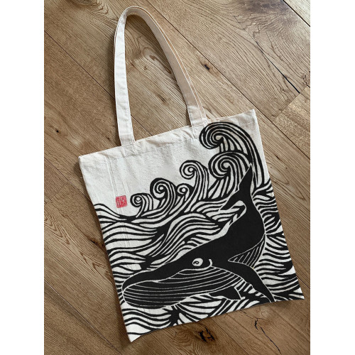 Whale & Waves Japanese Lino Art Tote Bag