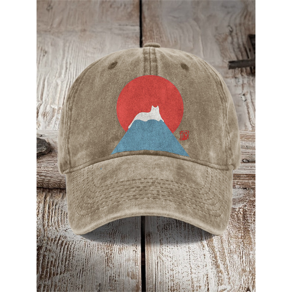 White Cat Snow on Mount Fuji Japanese Art Washed Cap