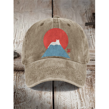 White Cat Snow on Mount Fuji Japanese Art Washed Cap