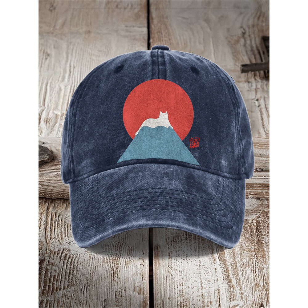 White Cat Snow on Mount Fuji Japanese Art Washed Cap
