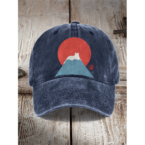 White Cat Snow on Mount Fuji Japanese Art Washed Cap