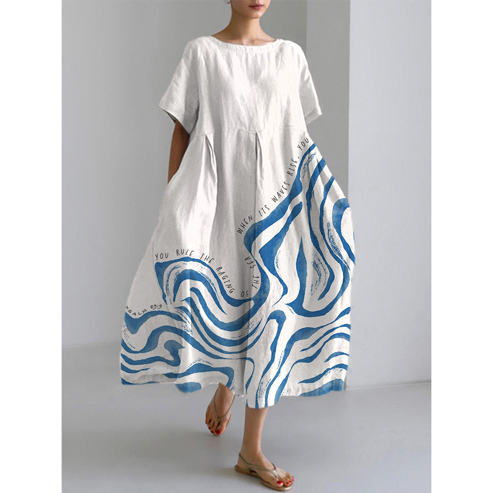 Abstract Ocean Waves Christian Art Print Linen Blend Dress