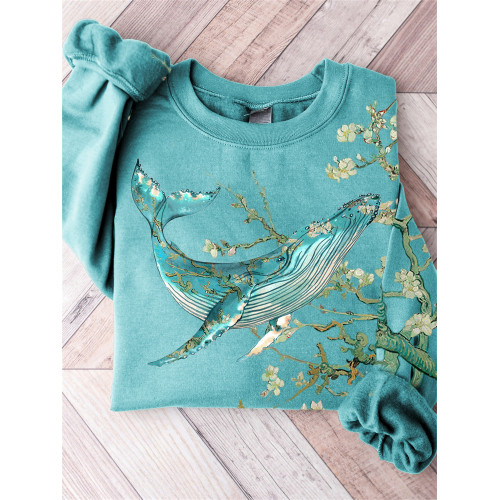 Almond Blossom Inspired Whale Art Comfy Sweatshirt