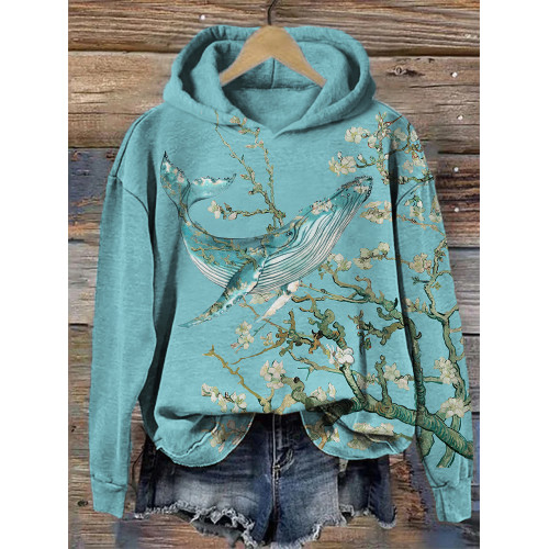 Almond Blossom Inspired Whale Art Cozy Hoodie
