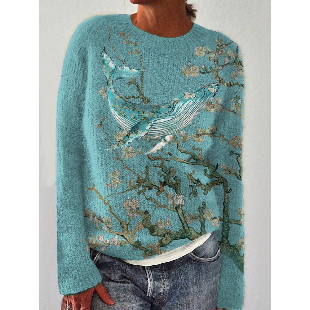 Almond Blossom Inspired Whale Art Cozy Sweater