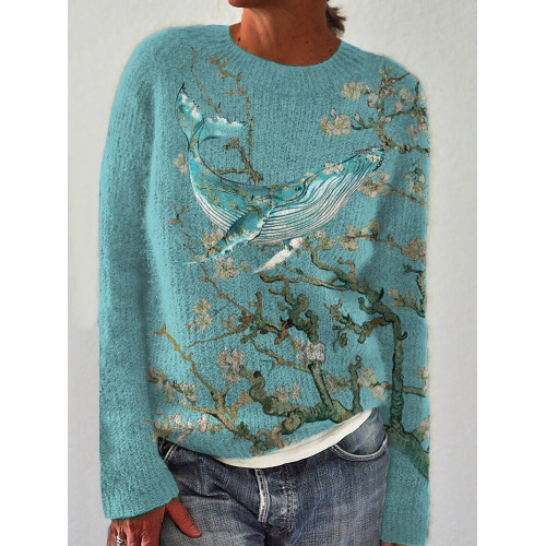 Almond Blossom Inspired Whale Art Cozy Sweater