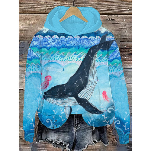 Art Painting Whale Print Hooded Sweatshirt