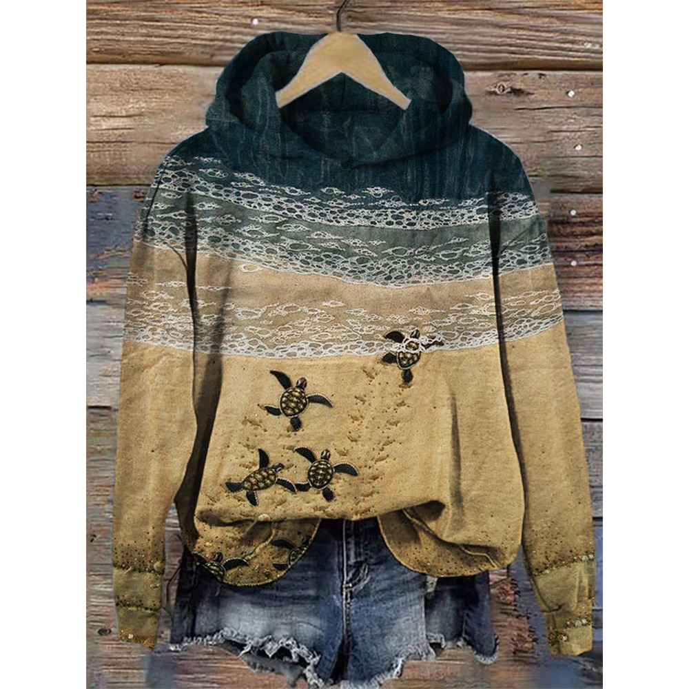 Baby Sea Turtles Beach Fiber Art Cozy Hoodie