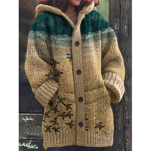 Baby Turtles Beach Seascape Textile Cozy Hooded Cardigan